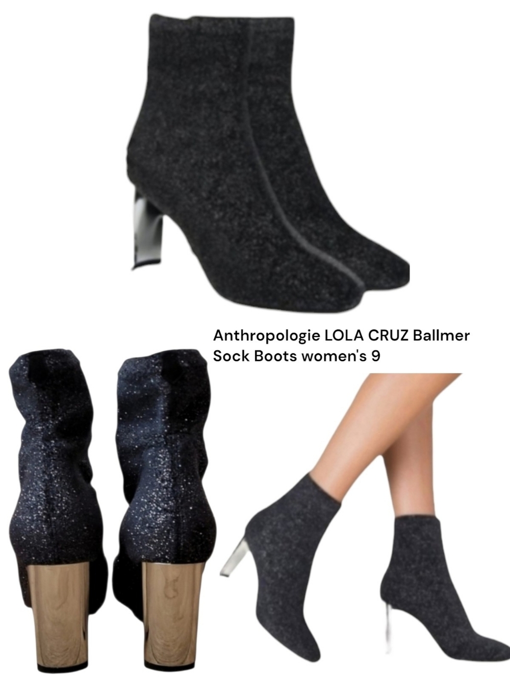 Anthropologie LOLA CRUZ Women Ballmer Sock Boots Sculptural Mirror High Heel 39